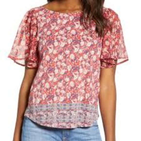 Lucky Brand Mixed Media Floral Flutter Short Sleeve Top Size XL - Picture 1 of 11